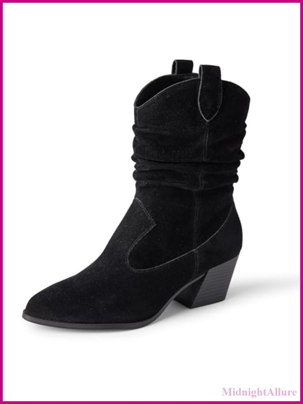 Women's Mid Calf Western Fashion Boots Side Zip Faux Suede Slouchy Cuban Heel